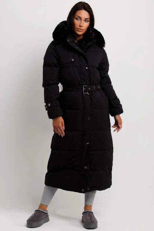 Act Fast Long Puffer Trench Coat With Belt And Faux Fur Hood Black