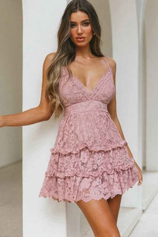The Best Prices Sunshine Morning Crochet Lace Frill Trim Tied Back Lace Mini Dress Rose