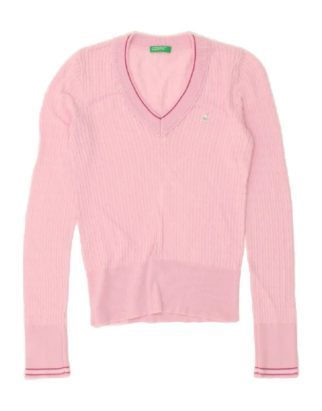 Discount Mania BENETTON Womens Crop V-Neck Jumper Sweater UK 8 Small Pink