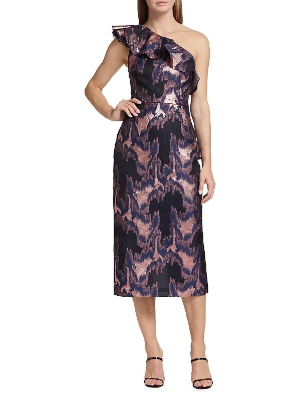 Now or Never Lina One Shoulder Jacquard Dress In Navy / Rose Gold