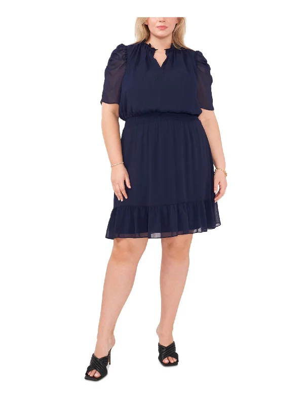 Fantastic Deals MSK WOMEN Womens Navy Ruched Smocked Ruffled Pullover Pouf Sleeve Split Above The Knee Fit + Flare Dress Fantastic Deals MSK WOMEN Womens Navy Ruched Smocked Ruffled Pullover Pouf Sleeve Split Above The Knee Fit + Flare Dress