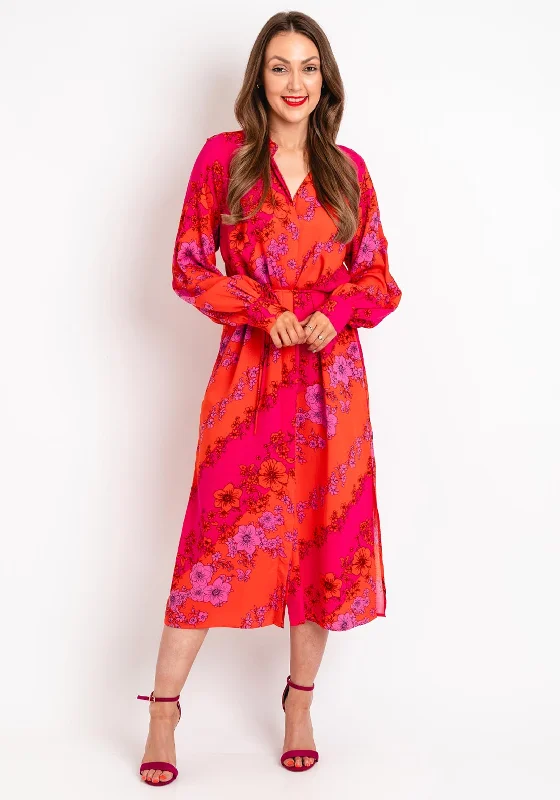 Lowest Price Y.A.S Scarlet Floral Print Shirt Midi Dress, Orange & Pink