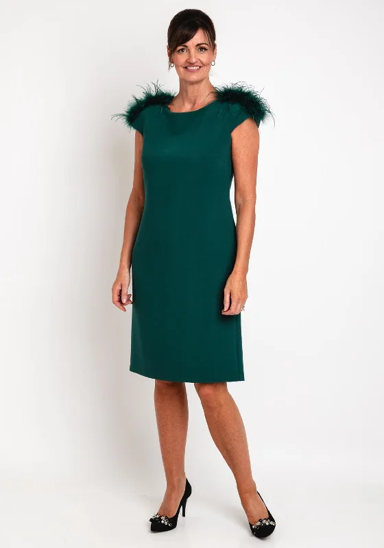 Camelot Feather Trim Shoulder Knee Length Dress, Emerald Green