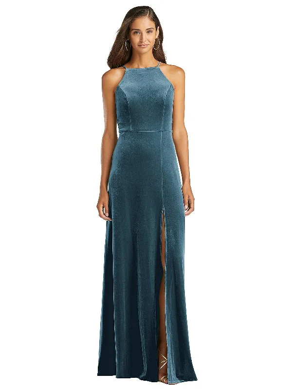 Super Savings Velvet Halter Maxi Dress with Front Slit - Harper