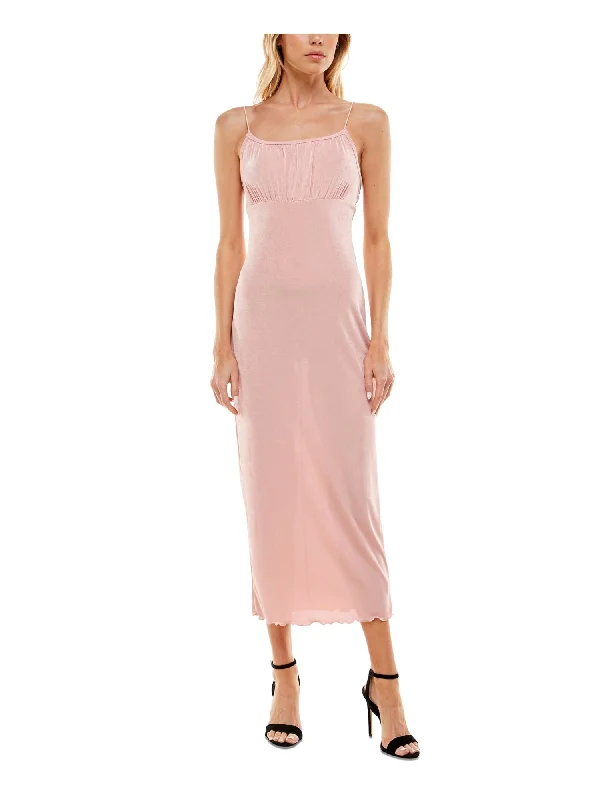 Season Finale Sale ULTRA FLIRT Womens Pink Stretch Gathered Square Back Pull-over Styling Spaghetti Strap Scoop Neck Midi Party Empire Waist Dress