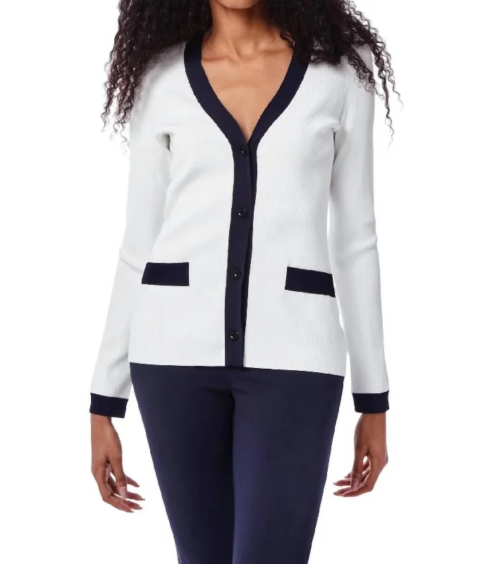 Hilda Sweater Blazer In White With Navy Trim