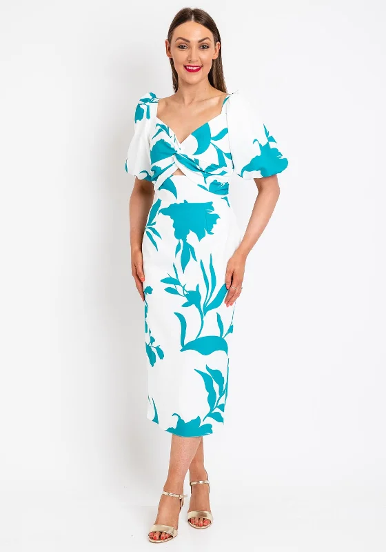Price Smash Herysa Esther Print Knot Midi Dress, White & Green
