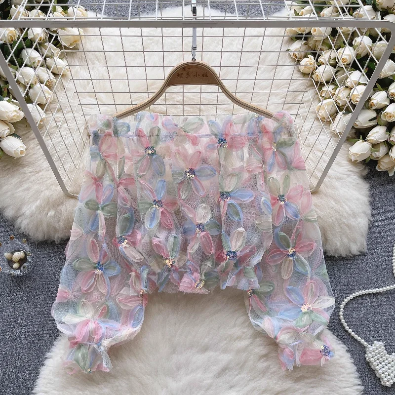 The Best Prices long-sleeved flower mesh shirt for women chic top    S4656