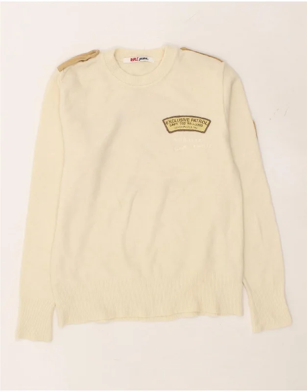 Price Reduction RIFLE Womens Graphic Crew Neck Jumper Sweater UK 14 Large Off White Wool Price Reduction RIFLE Womens Graphic Crew Neck Jumper Sweater UK 14 Large Off White Wool