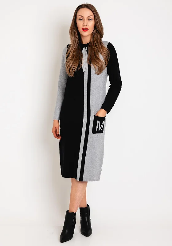 Micha Drawstring Neckline Knit Jumper Dress, Black & Grey