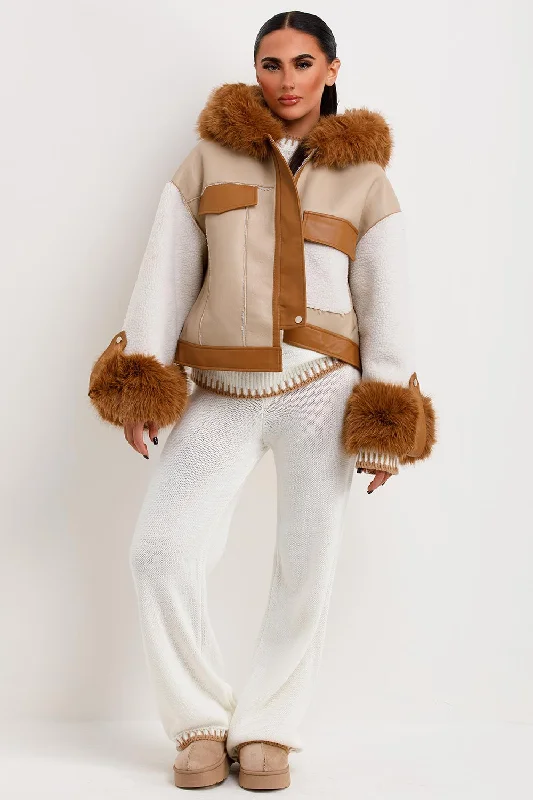 Today’s Deal Shearling Faux Leather Jacket With Faux Fur Hood Beige