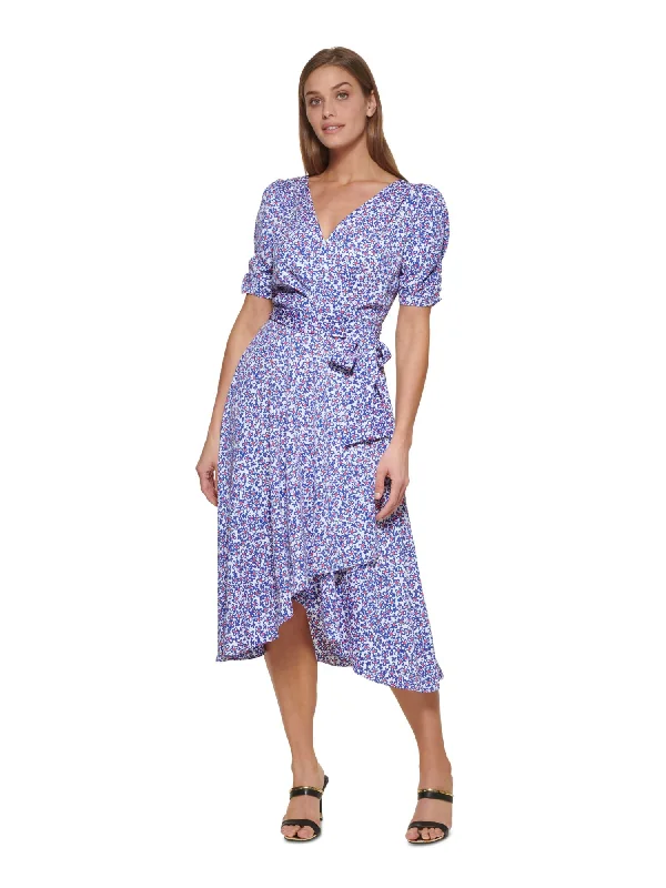 Time-Limited Offer DKNY Womens White Pleated Ruched Tie Belt Lined Asymmetrical Floral Pouf Sleeve Surplice Neckline Midi Faux Wrap Dress