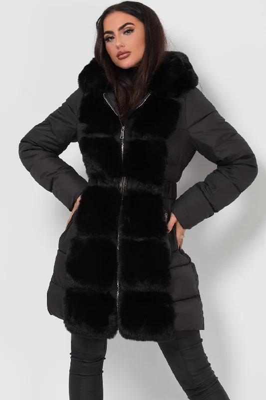 Loyalty Reward Long Puffer Coat With Faux Fur Hood And Trim Black