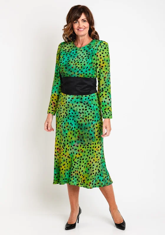 Year-End Clearance Kameya Belted Waist, Polka Dot Print Maxi Dress, Green