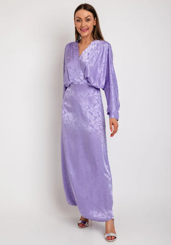 Final Markdown The Sofia Collection Leaf Print Satin Batwing Maxi Dress, Lilac
