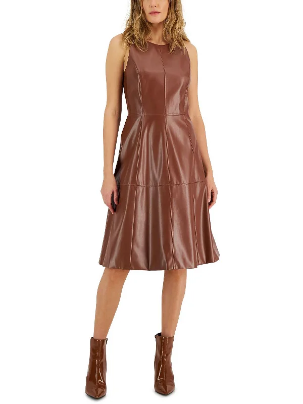 Weekend Deal Womens Faux Leather Sleeveless Fit & Flare Dress