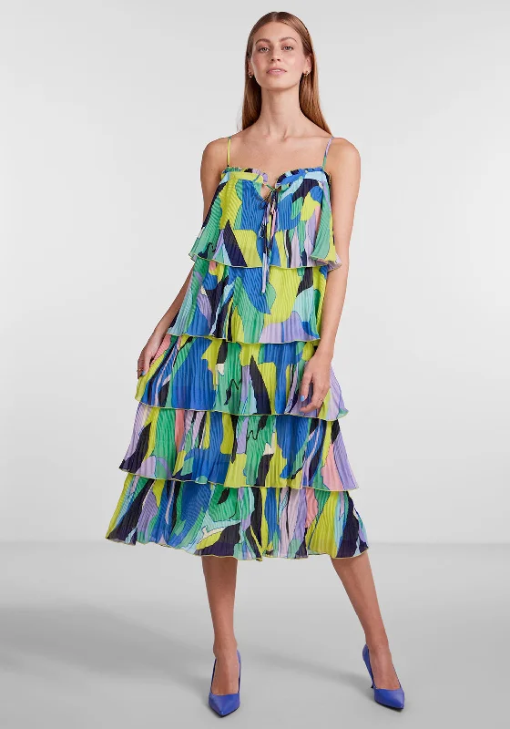 Discount Mania Y.A.S Pimo Abstract Print Frill Midi Dress, French Blue