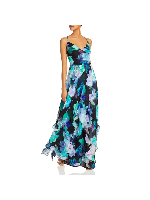 Deep Discounts AQUA FORMAL Womens Black Zippered Chiffon Gown Printed Spaghetti Strap Surplice Neckline Full-Length Formal Fit + Flare Dress