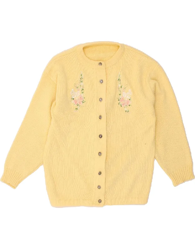 VINTAGE Womens Cardigan Sweater UK 14 Large Yellow Floral Acrylic