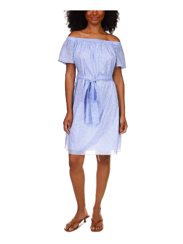 Year-End Sale MICHAEL MICHAEL KORS Womens Blue Tie Sheer Lined Floral Short Sleeve Off Shoulder Above The Knee Shift Dress