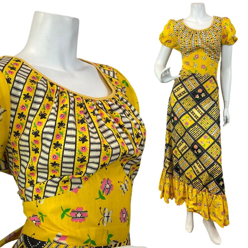 Bargain Prices VTG 60s 70s YELLOW BLACK PINK PATCHWORK FLORAL BUTTERFLY MOD FOLK MAXI DRESS 14 Bargain Prices VTG 60s 70s YELLOW BLACK PINK PATCHWORK FLORAL BUTTERFLY MOD FOLK MAXI DRESS 14