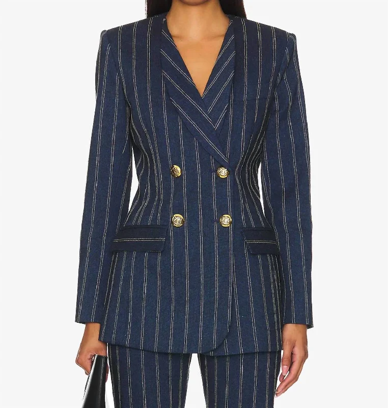 Collarless Double Breasted Blazer In Indigo Stripe