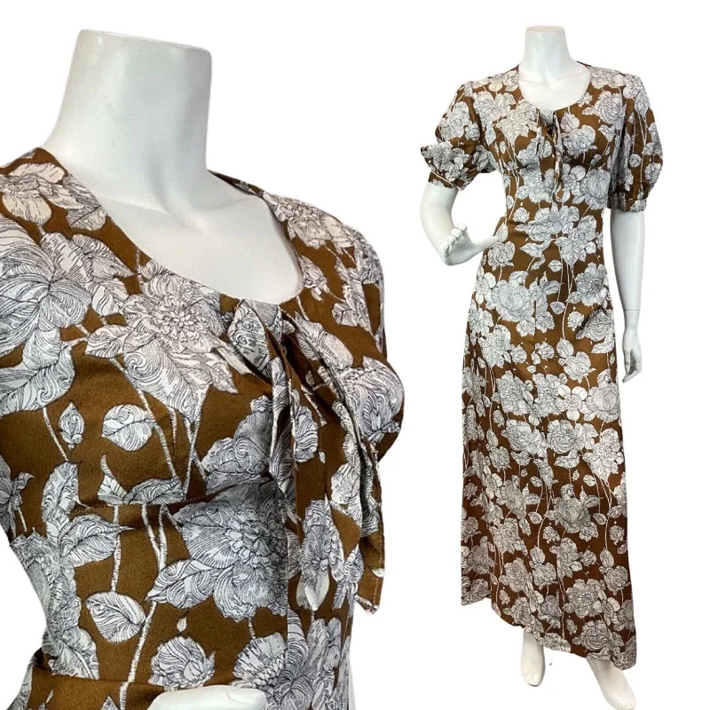 Deal Explosion VINTAGE 60s 70s BROWN WHITE FLORAL ROSE BOHO PUFF SLEEVE MAXI DRESS 10 12