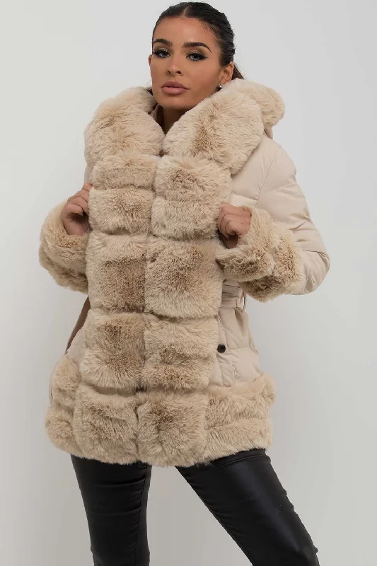 Super Savings Puffer Jacket With Fur Hood Cuff And Trim Beige