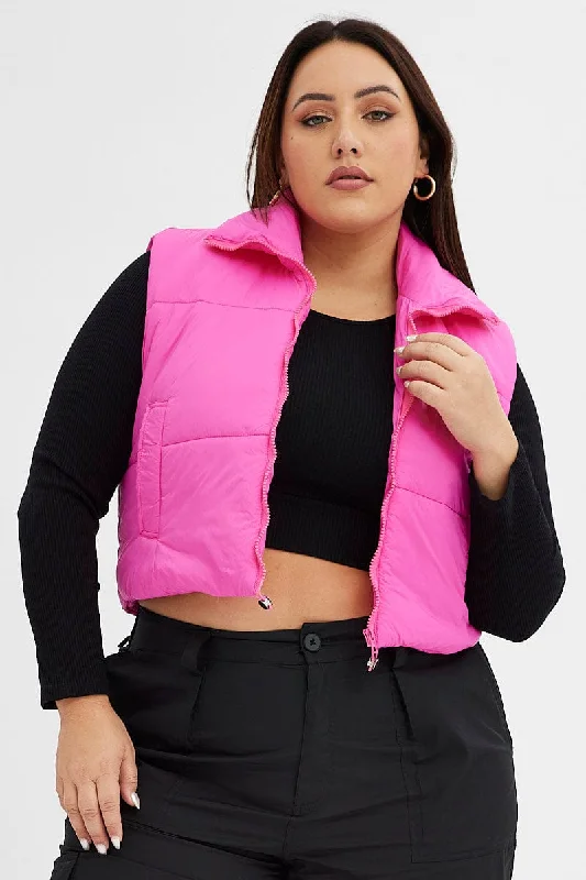 Pink Puffer Vest Sleeveless Crop