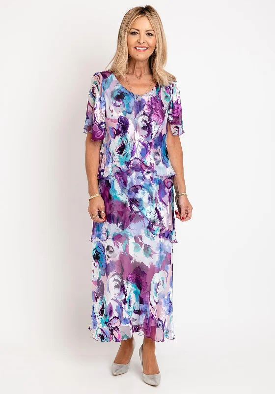 Don't Wait Allison Floral Silk Layered Midi Dress, Purple