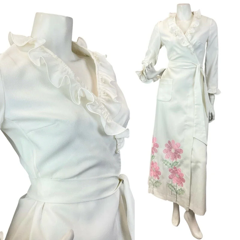 Seasonal Sale VTG 60s 70s WHITE PINK GREEN EMBROIDERED FLOWER DAISY HOUSECOAT MAXI DRESS 8 10