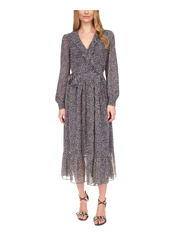 One-DAY Sale MICHAEL MICHAEL KORS Womens Black Lined Sheer Tie Ruffled Animal Print Long Sleeve Surplice Neckline Tea-Length Wrap Dress