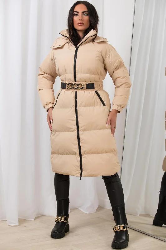Price Slash Long Puffer Padded Coat With Gold Chain Belt Beige