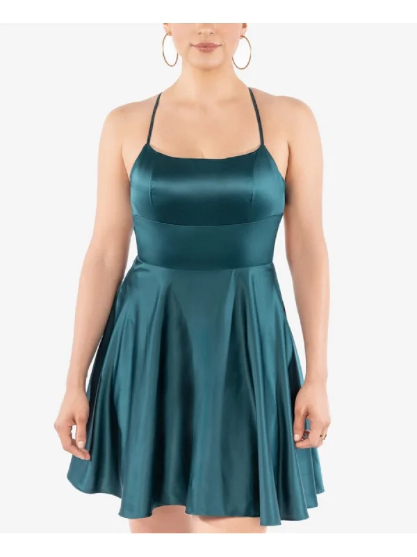 Sneak Peek Sale B DARLIN Womens Teal Zippered Fitted Lace-up Back Molded Cups Spaghetti Strap Square Neck Short Party Fit + Flare Dress