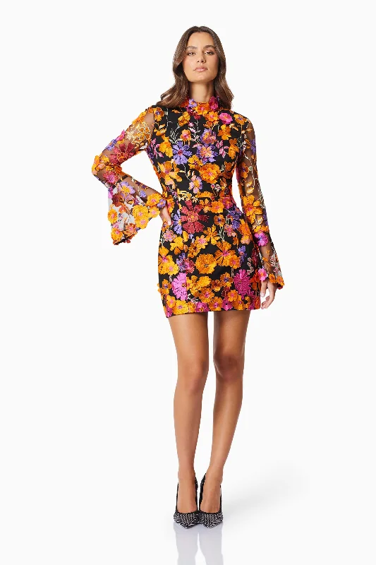 Price Drop Alessandra Floral Long Sleeve Mini Dress In Orange