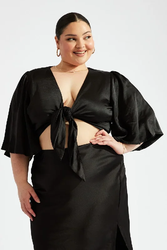 Black Tie Front Bolero Satin Flare Sleeve