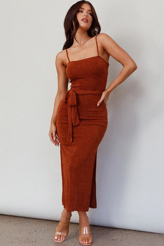 Overstock Serenade Me Square Neckline Side Split Midi Dress Cinnamon