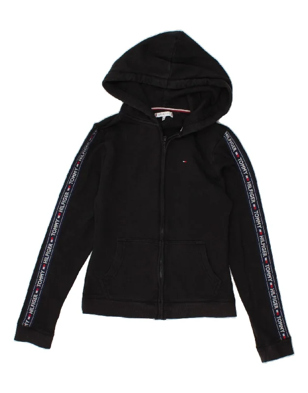 TOMMY HILFIGER Womens Graphic Zip Hoodie Sweater UK 6 XS Black Colourblock