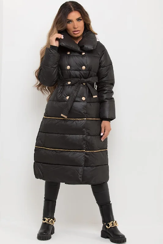 Price Rollback Black Longline Puffer Coat With Gold Buttons