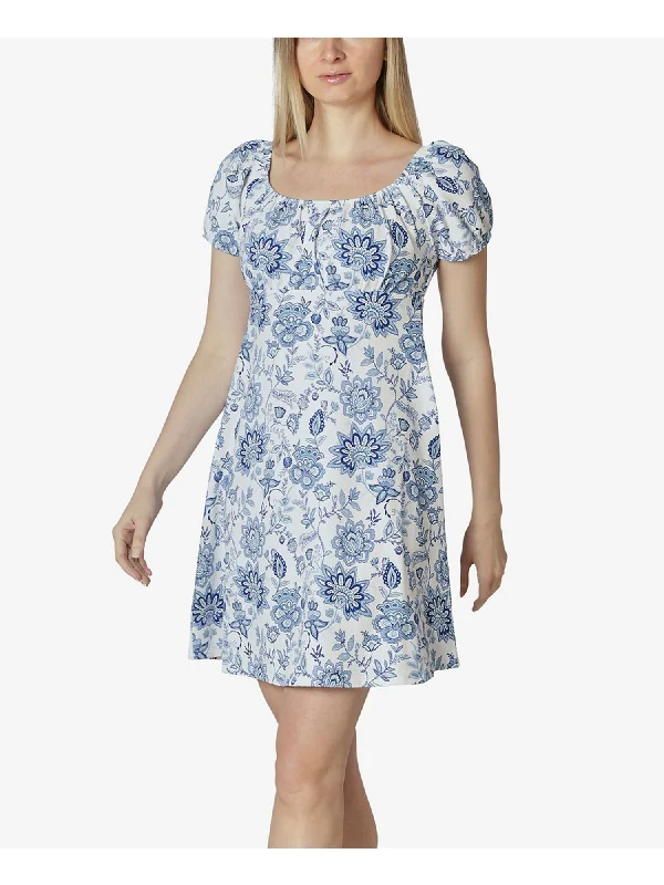 Take Advantage ULTRA FLIRT Womens White Stretch Ruched Pullover Styling Floral Short Sleeve Scoop Neck Short Baby Doll Dress