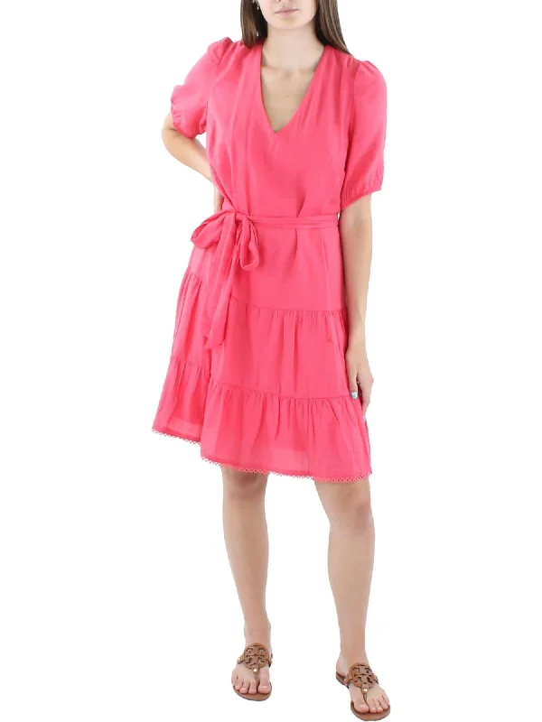 Closeout INC DRESSES Womens Pink Zippered Lined Tiered Tie Back And Waist Elbow Sleeve V Neck Above The Knee A-Line Dress Closeout INC DRESSES Womens Pink Zippered Lined Tiered Tie Back And Waist Elbow Sleeve V Neck Above The Knee A-Line Dress