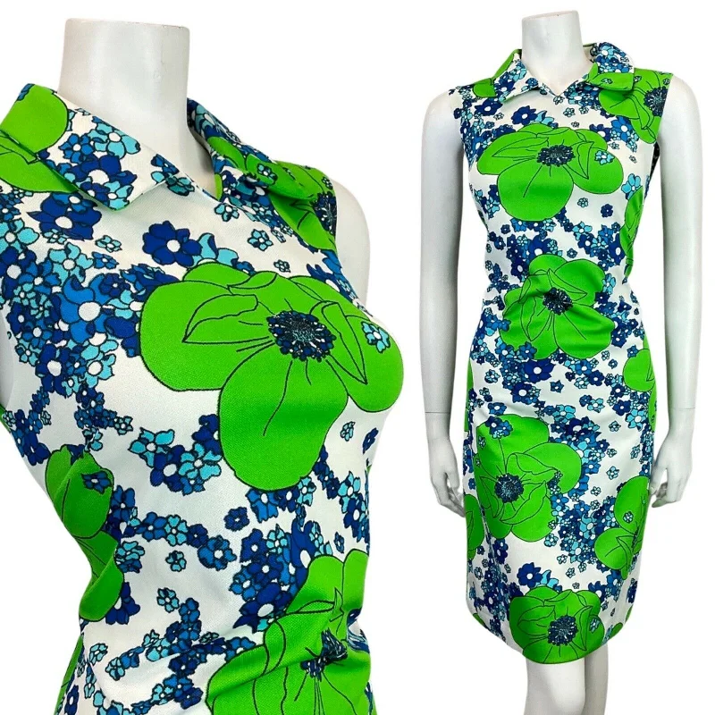Shop and Save VINTAGE 60s 70s GREEN BLUE WHITE FLORAL MOD SUMMER SLEEVELESS DRESS 10