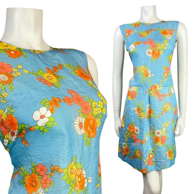 New Markdowns VINTAGE 60s 70s BLUE ORANGE WHITE FLOWER POPPY VINE LEAF SUMMER DRESS 8 10