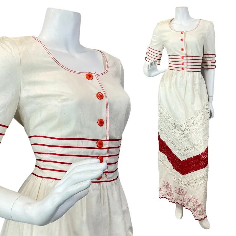 Stock Clearance VINTAGE 60s 70s CREAM RED EMBROIDERED LACE STRIPED BOHO FOLK MAXI DRESS 10