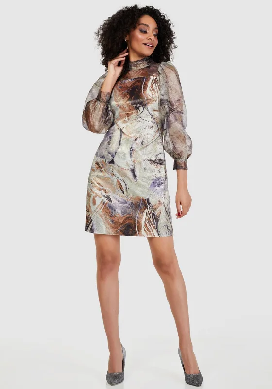 Final Clearance Closet London Print Tie Neck Dress, Gold Multi