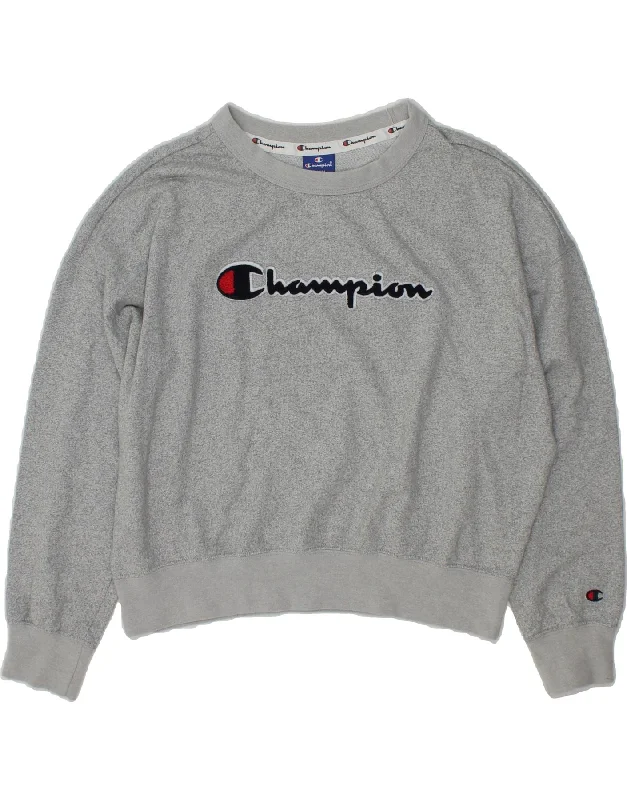 CHAMPION Womens Oversized Crop Graphic Sweatshirt Jumper UK 10 Small Grey