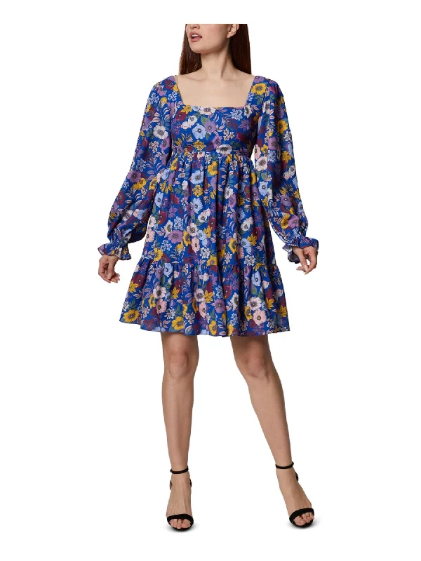 Epic Deals BCBGENERATION Womens Blue Lined Floral Long Sleeve Square Neck Above The Knee Shift Dress
