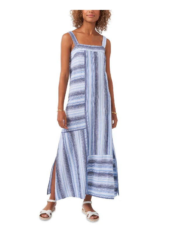Mega Deal VINCE CAMUTO Womens Blue Zippered Slitted Striped Sleeveless Square Neck Maxi Shift Dress