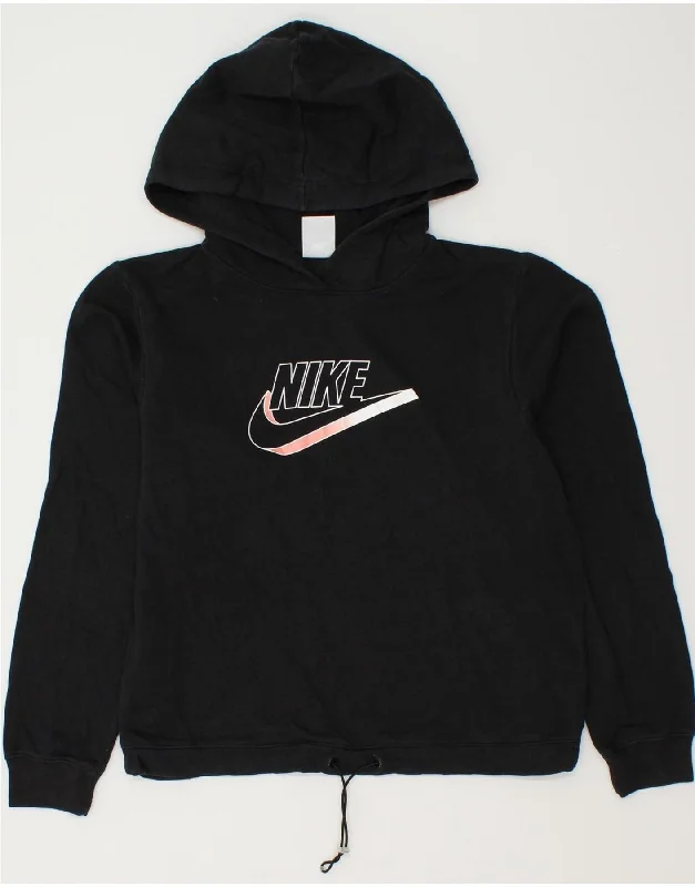 NIKE Womens Oversized Graphic Crop Hoodie Jumper UK 6 XS Black Cotton