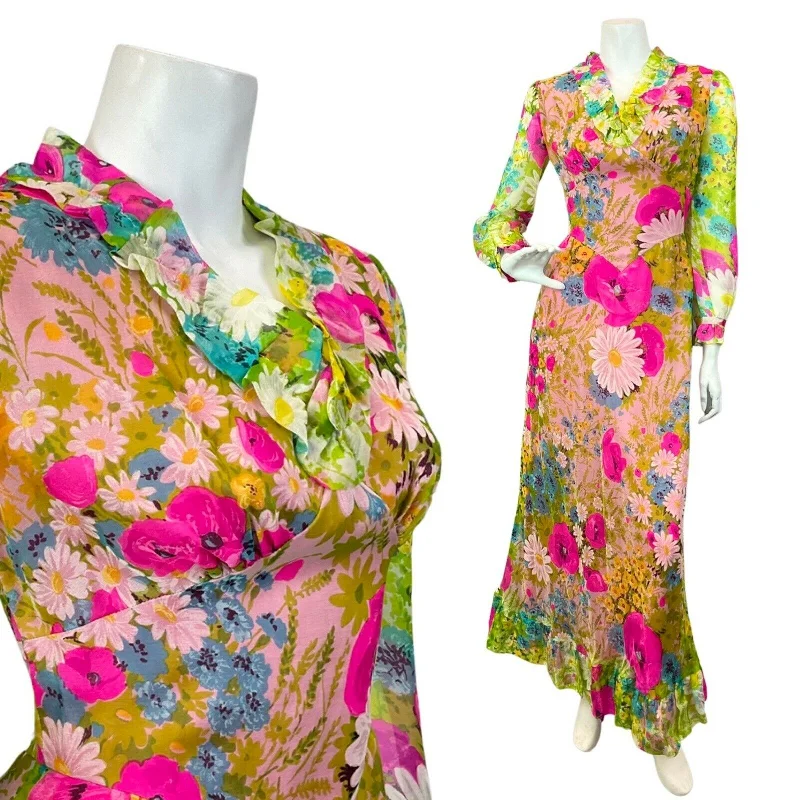 Price Rollback VINTAGE 60s 70s GREEN PINK BLUE GARDEN FLORAL DAISY SUMMER SHEER MAXI DRESS 6
